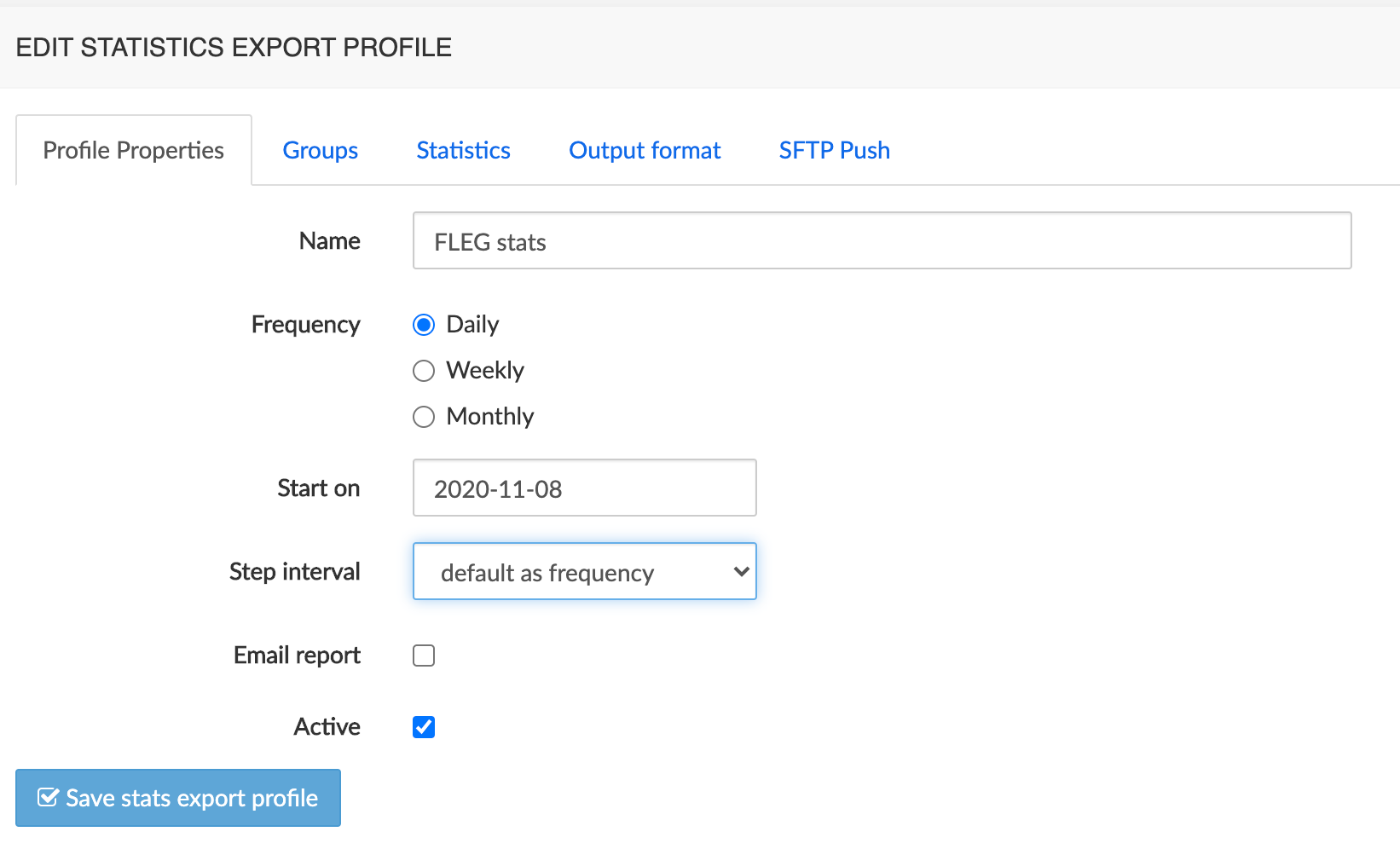 New Statistics export profile → Profile Properties
tab