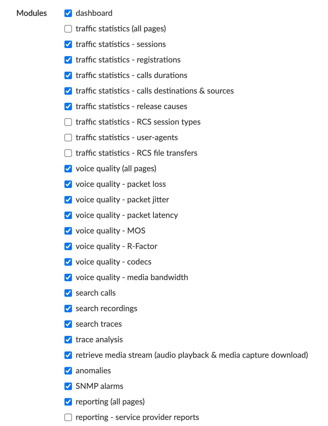 Edit User → Modules Access Privileges (partial
view)