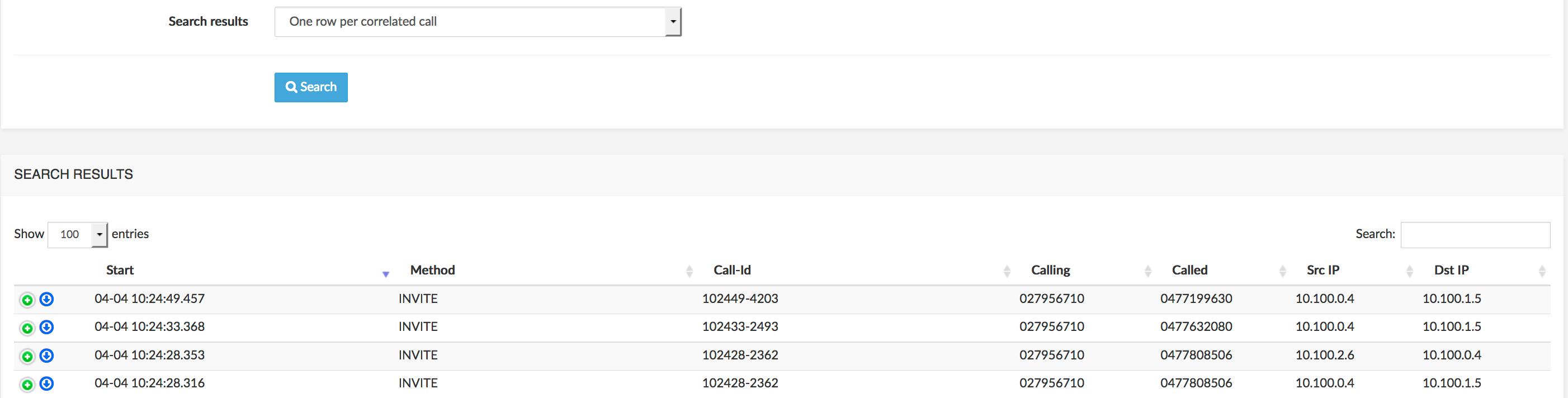 Trace details - Call flow for correlated
call