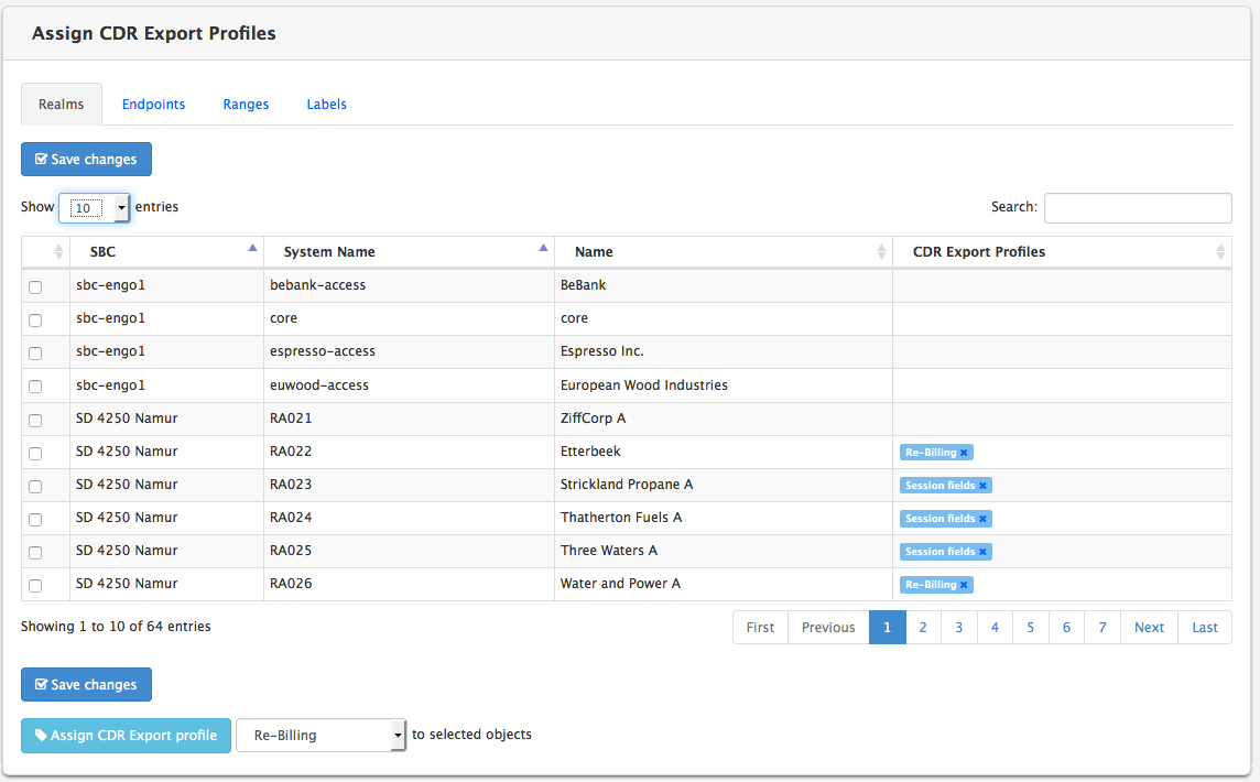 Realms - CDR export profile Assignment Matrix
(Oracle)