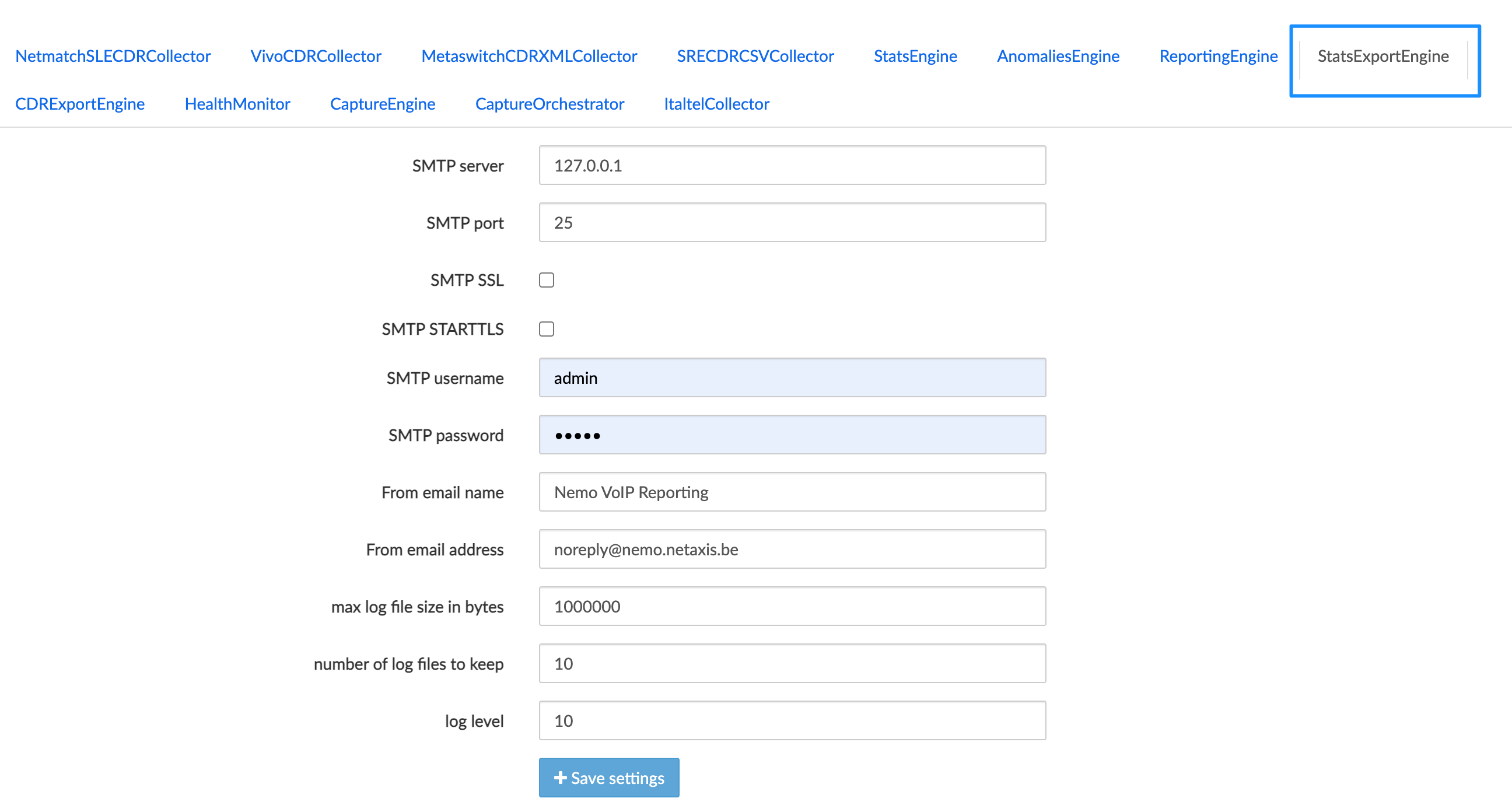 Statistics Export Engine
Configuration