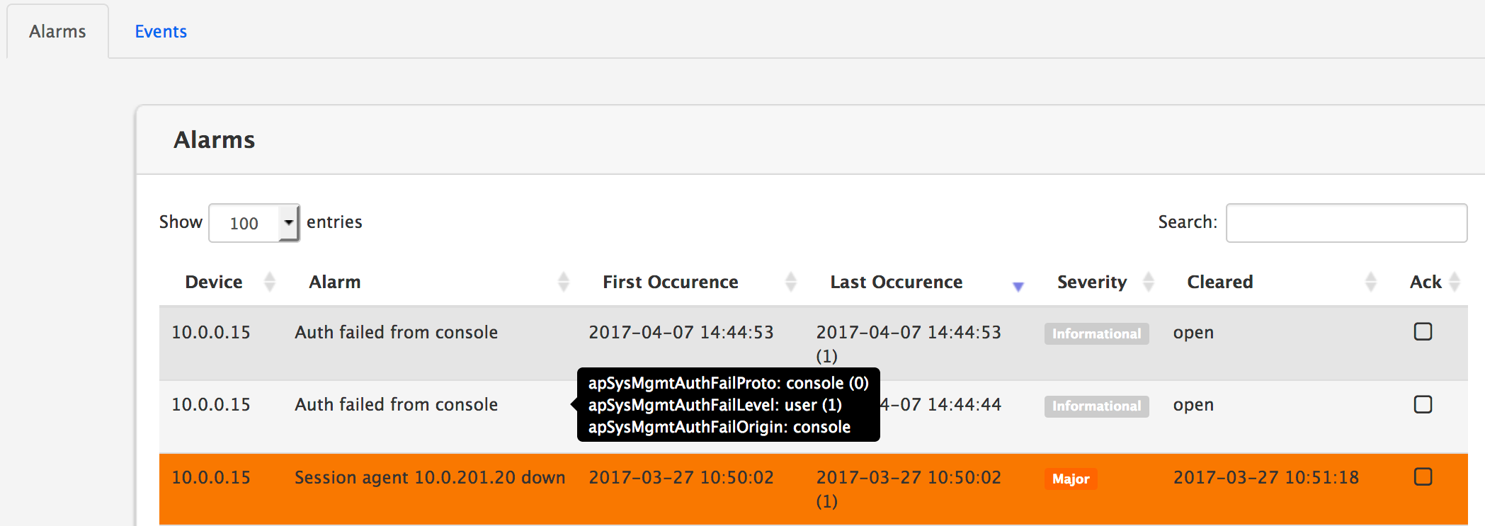 SNMP Alarms Browser -
Variables