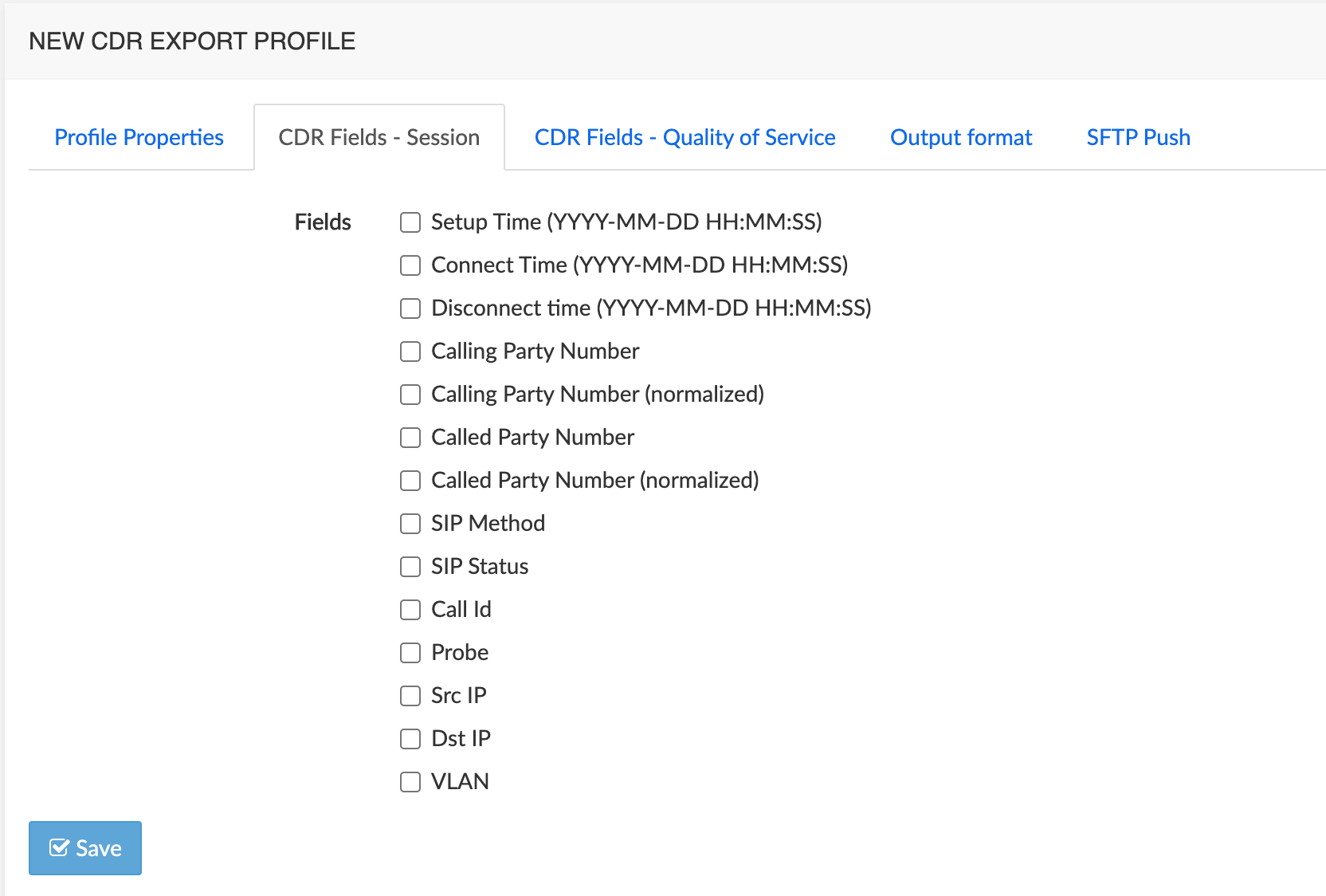 CDR export profile → CDR Fields-Session
tab