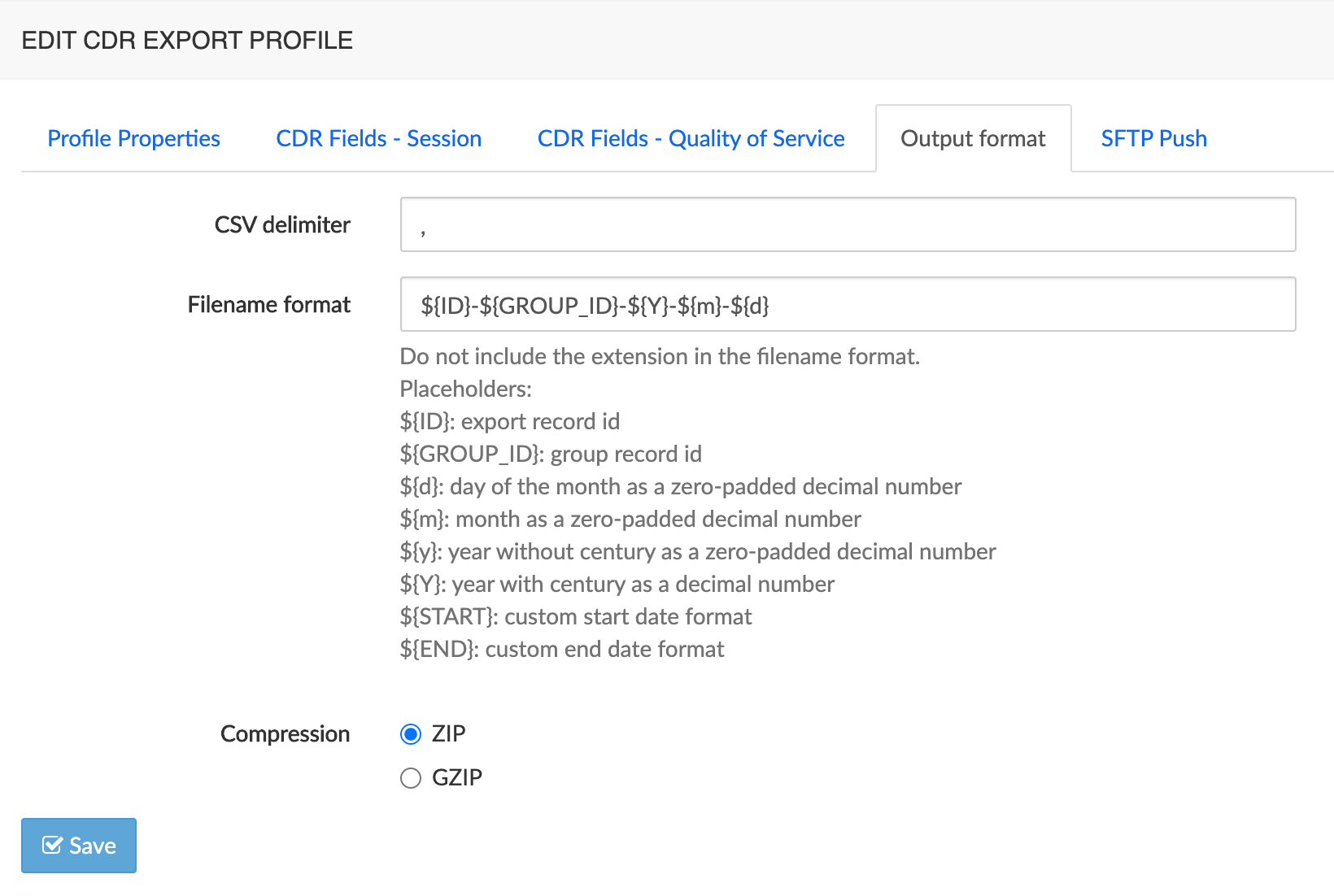 CDR export profile → Output
format